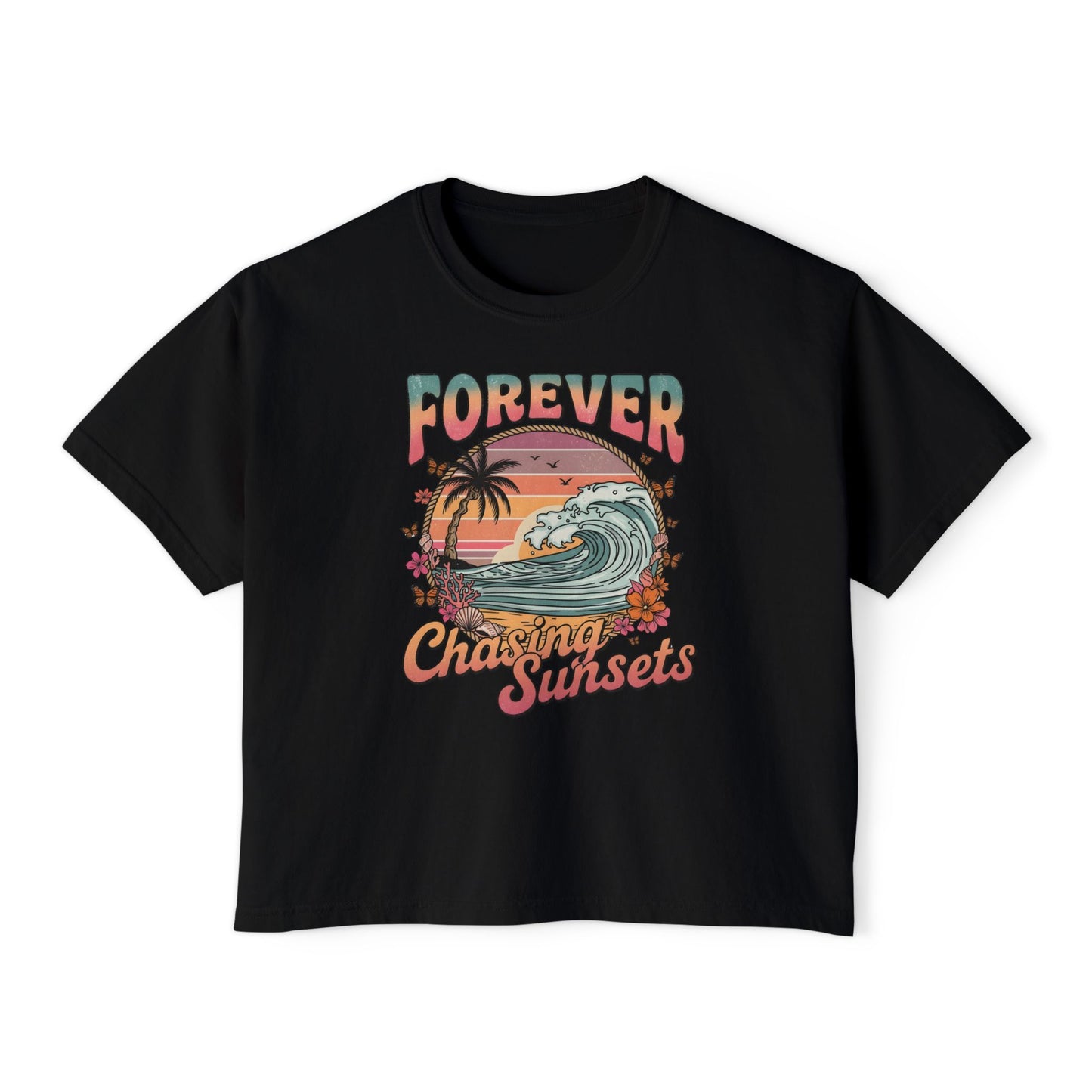 Forever Chasing Sunsets Tee | Women's Boxy Tee, Retro Surf Sunset Design