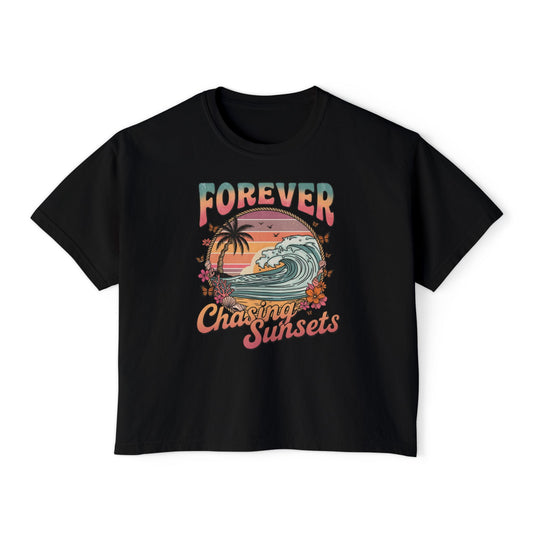Forever Chasing Sunsets Tee | Women's Boxy Tee, Retro Surf Sunset Design